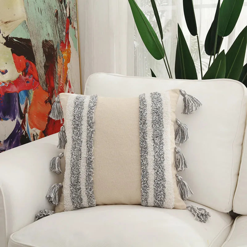 45x45cm cotton velvet embroidered retro pillowcase with tassel in grey