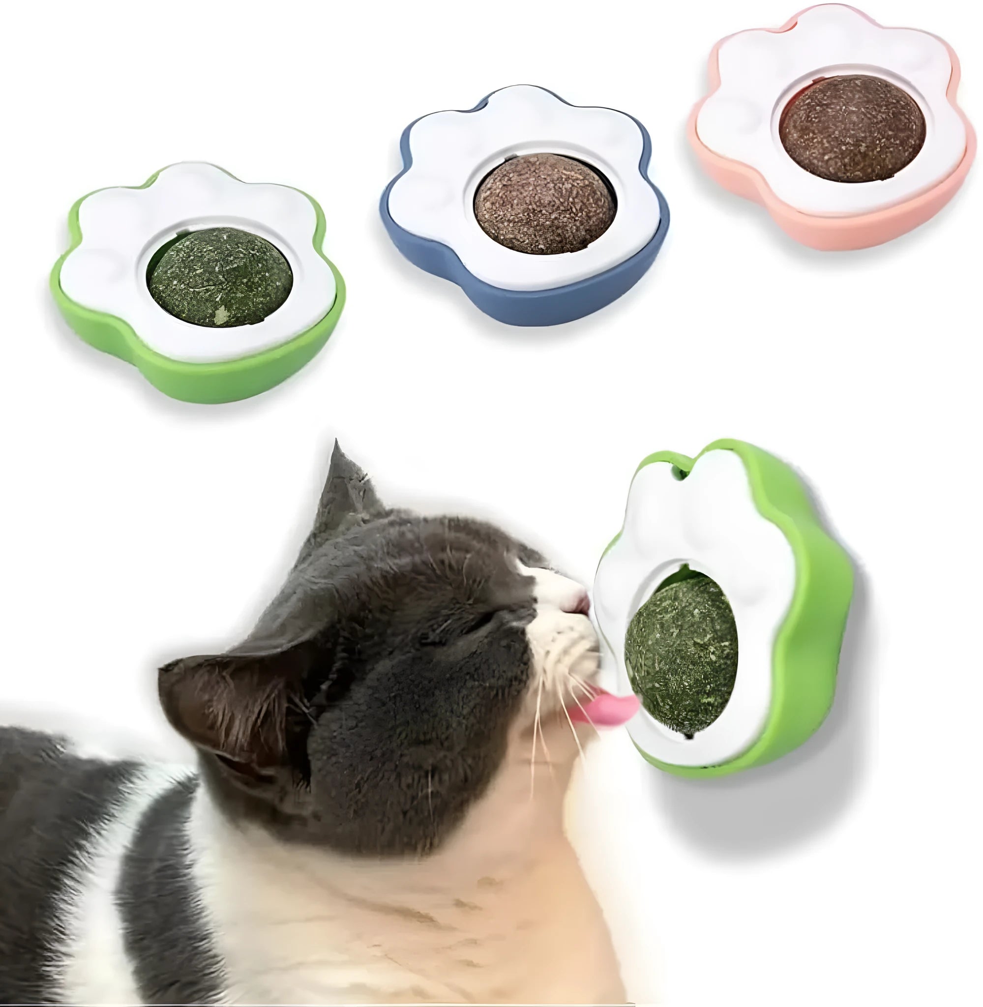 Four colourful catnip balls with textured surfaces for dental cleaning and feline play