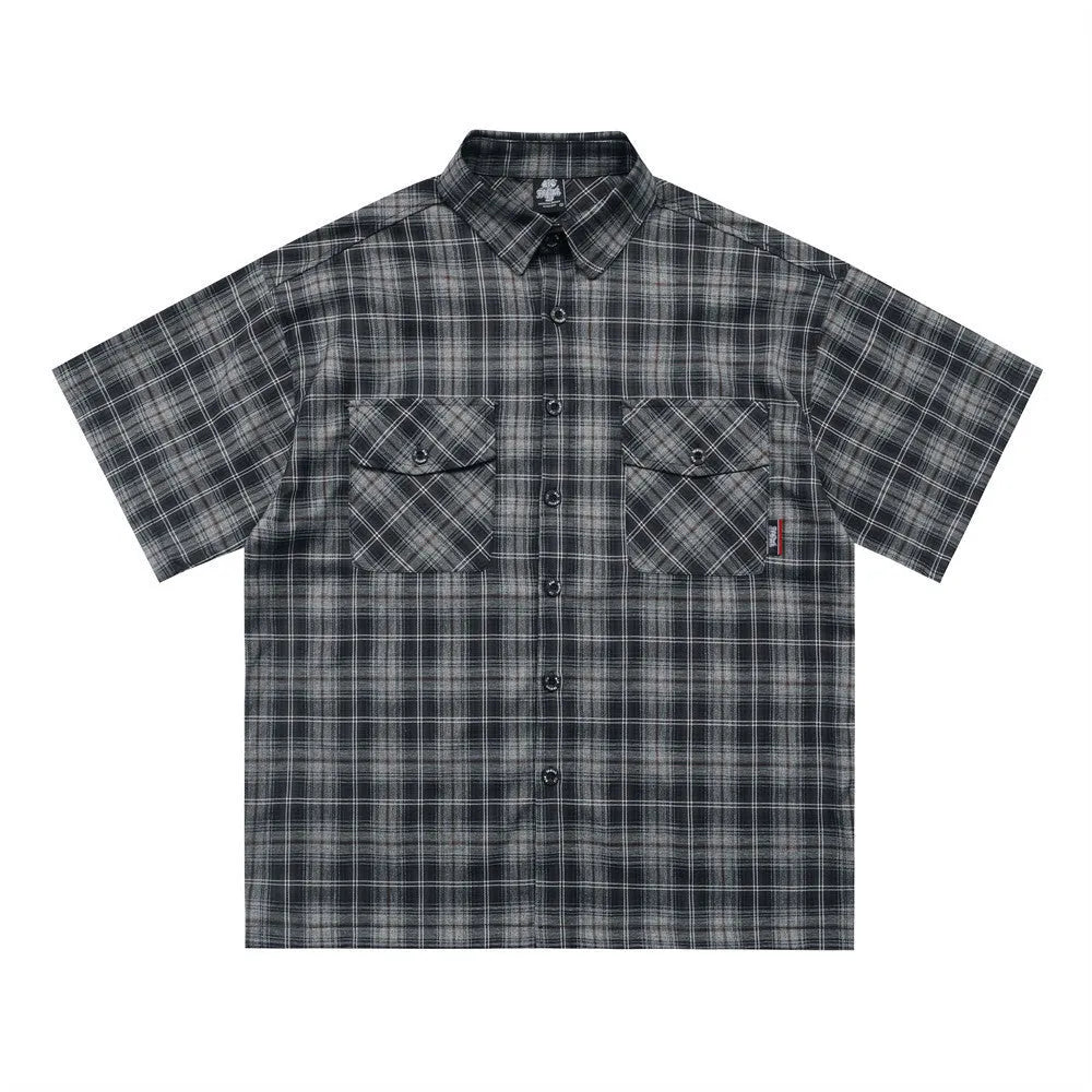 Men's black plaid short sleeve shirt with embroidered letter on lapel, loose fit casual style