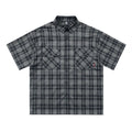 Men's black plaid short sleeve shirt with embroidered letter on lapel, loose fit casual style