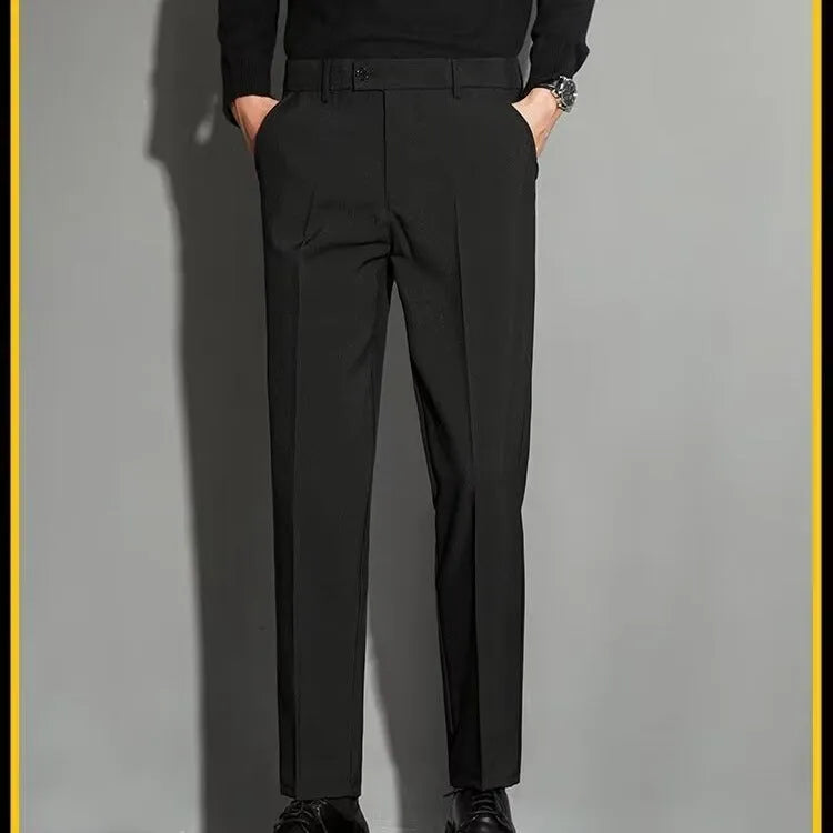 Men's straight leg ankle-length suit trousers in a polyester blend fabric, shown in multiple colours.
