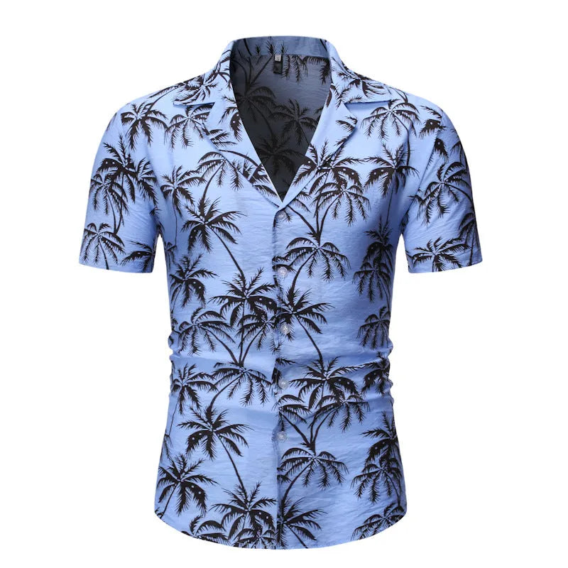 Mens casual lapel print top in polyester, white colour, long sleeves, front view