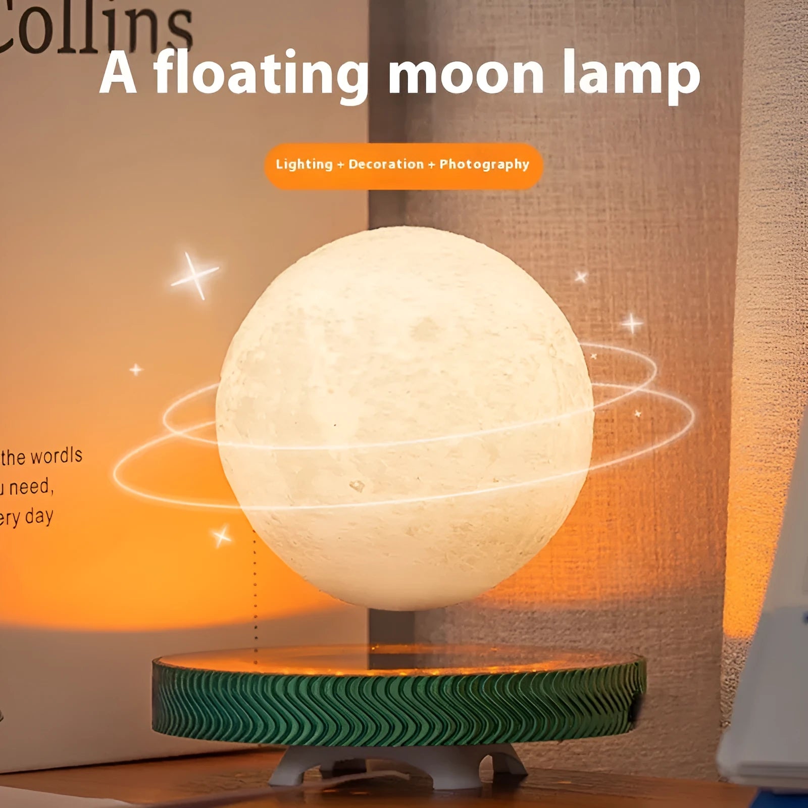 Floating magnetic moon night lamp with 3D printed modern design