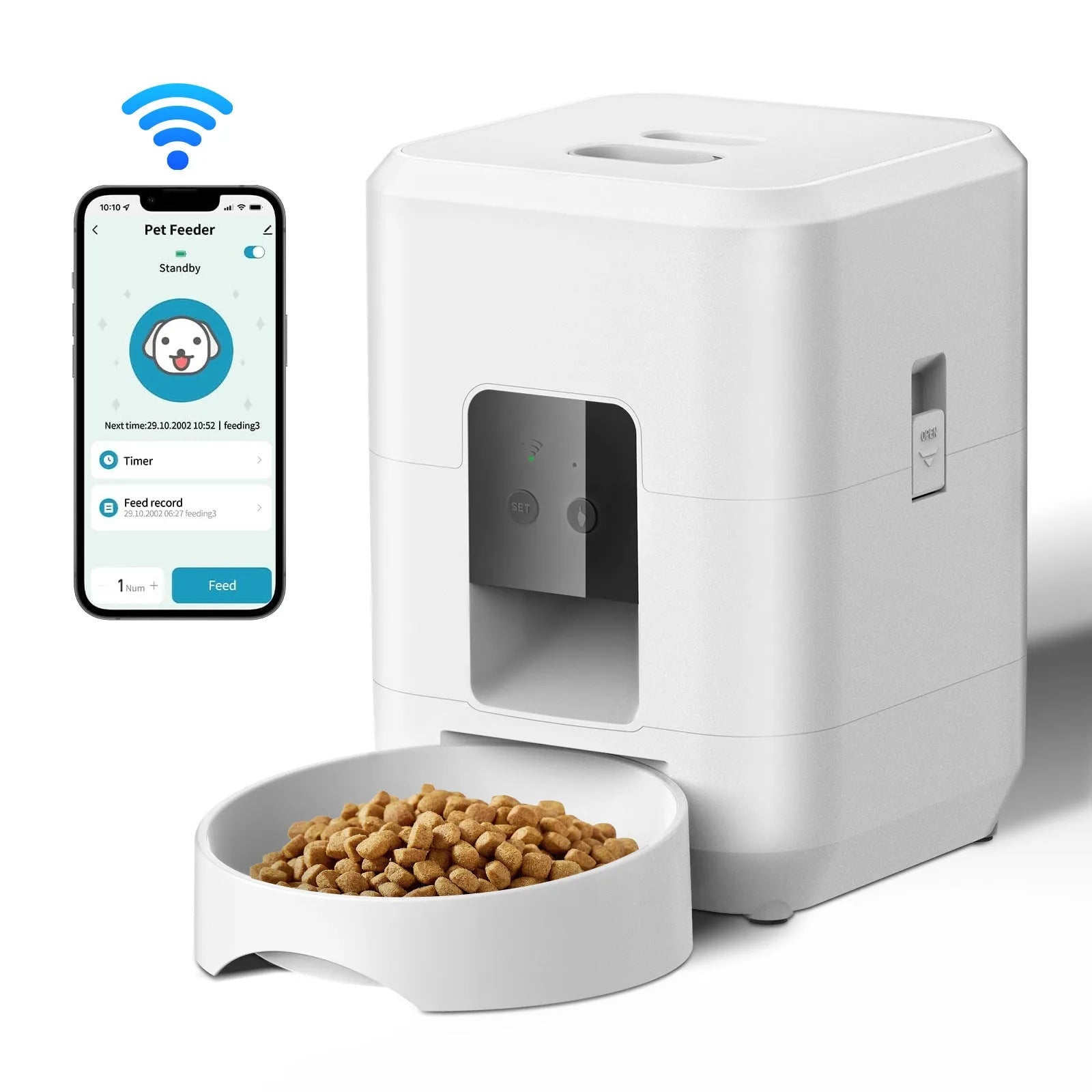 Automatic cat feeder in white or black with programmable timing and remote control options