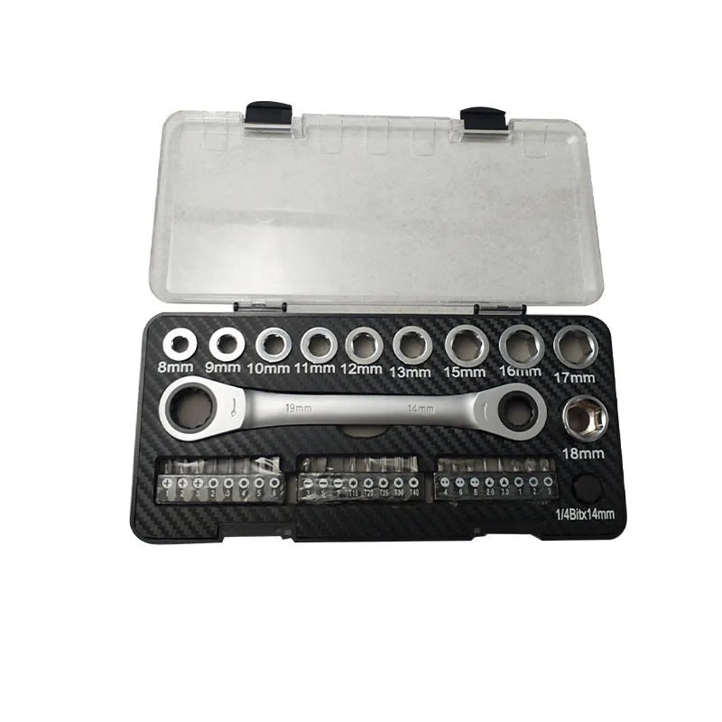 Dual-purpose ratchet wrench set with ten sockets and three bit heads laid out on a work surface.