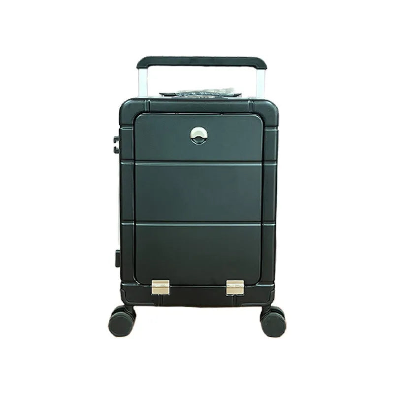 Front opening 20-inch hard shell suitcase in silver showing dry wet separation compartment and cup holder.