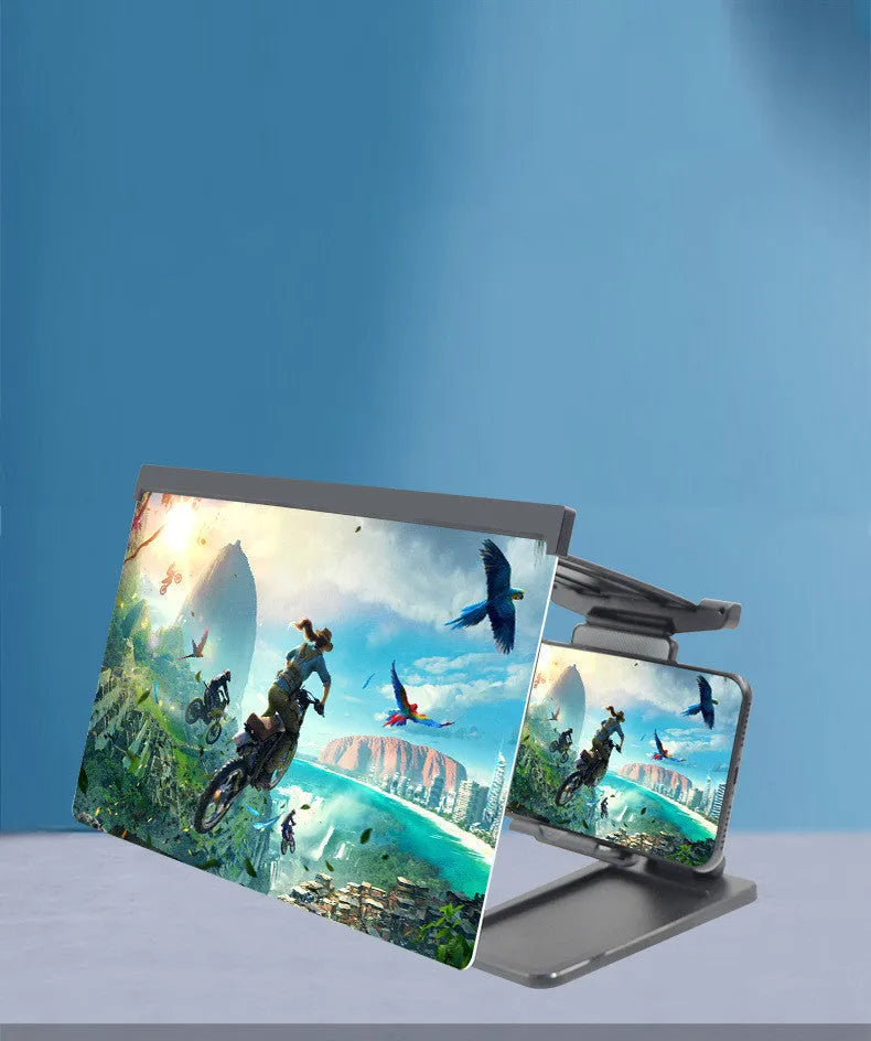 Black folding mobile phone screen amplifier with detachable holder showing 3-4x magnification