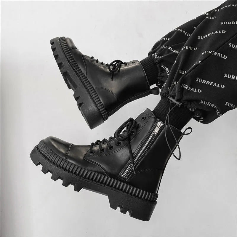 Men's black Doc Martens platform boots with 8-hole high-top design and a side zip fastener.