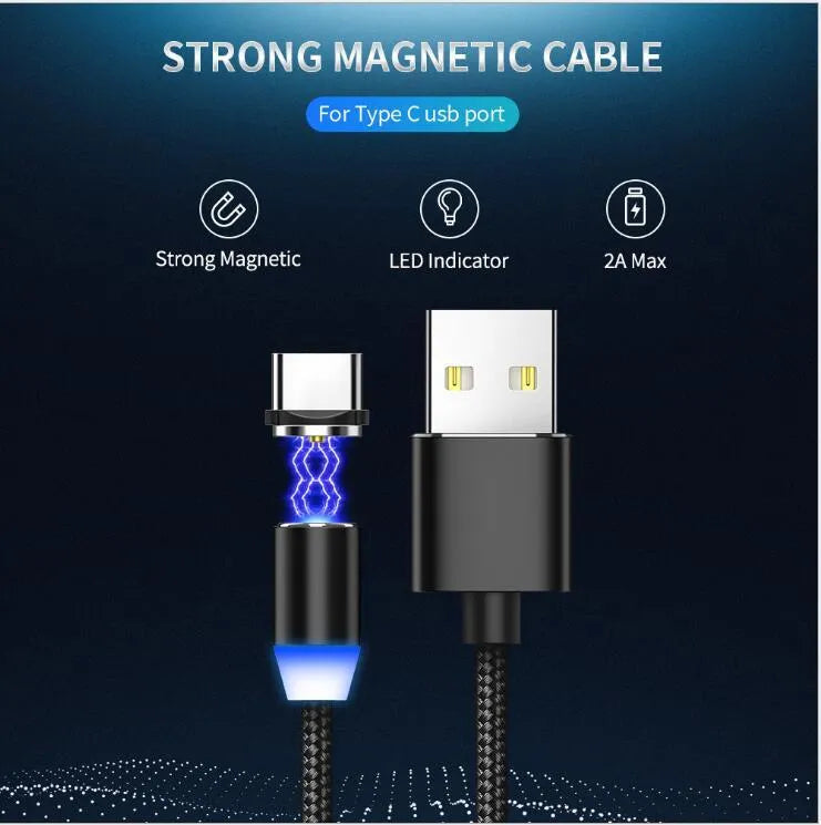 YBD magnetic LED charging cable with cotton braided cord and aluminium connectors in black