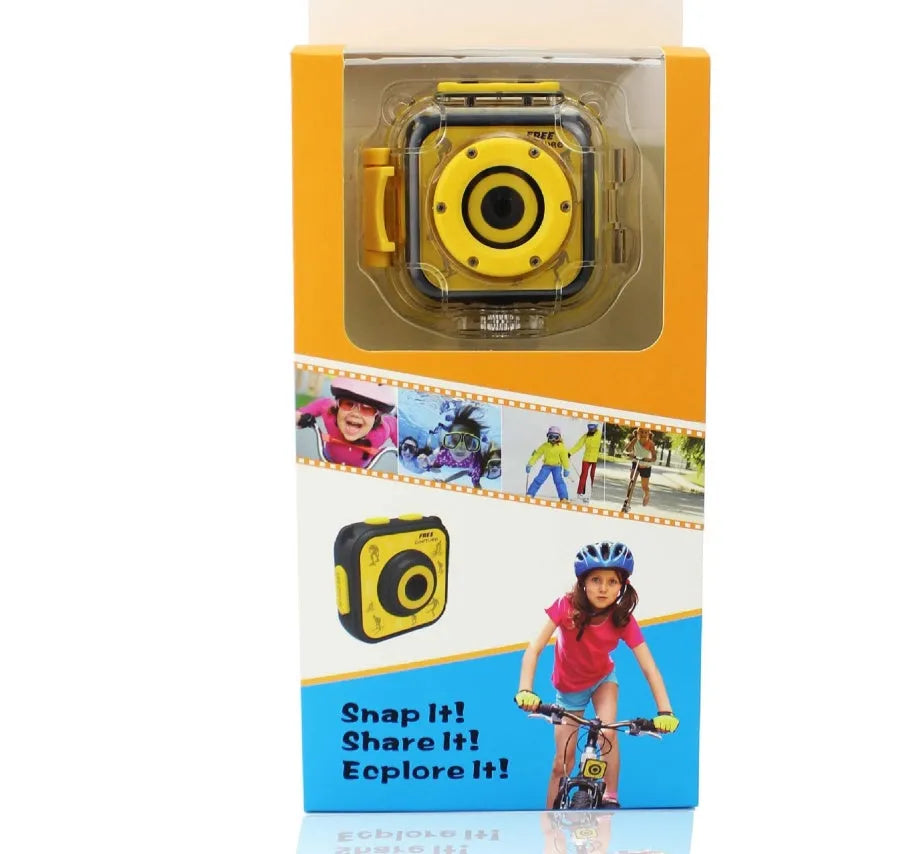 Yellow children's waterproof sports camera with compact design showing front view and control buttons