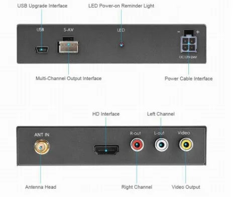 Black Car Mirror Link Box Wi-Fi converter with power cable, AV cable, antenna, and user manual.