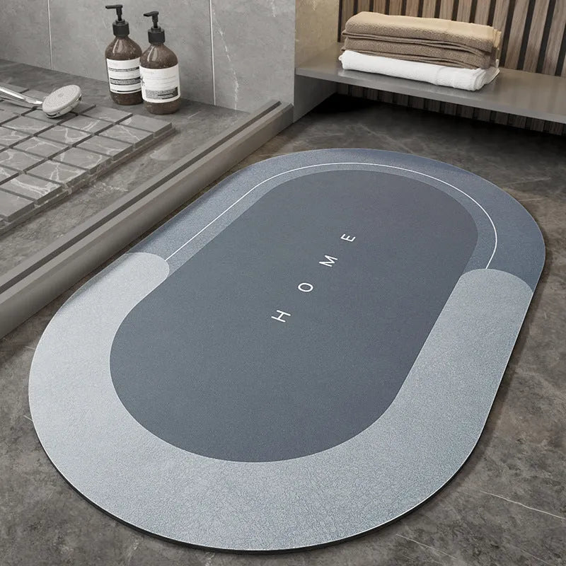 Cushioned blue oval bathroom floor mat on tiled flooring