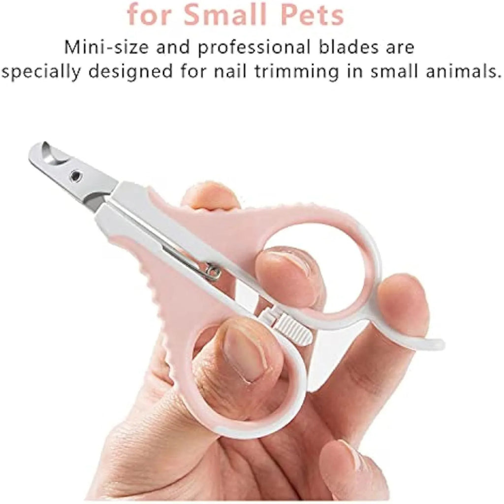 Grey and pink stainless steel pet nail clippers with angled blade and safety lock on handle