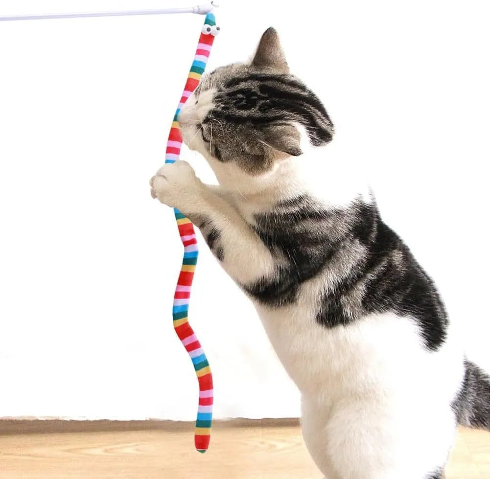 Cat wand toy with polycarbonate handle and long plush strip in vivid colours for interactive cat play