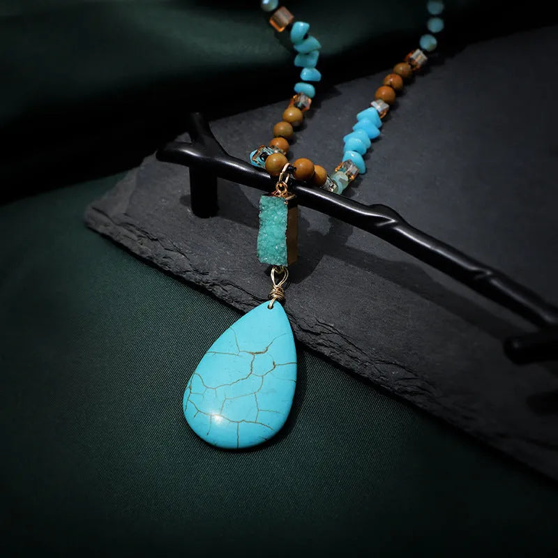 Blue turquoise water drop pendant necklace with mixed gem inlay on ball bead chain