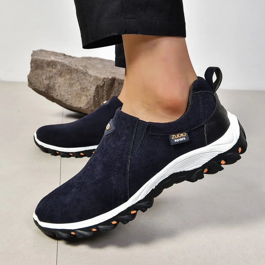 Men's round head thin slip-on casual shoes in grey, shown with PU upper and rubber sole.