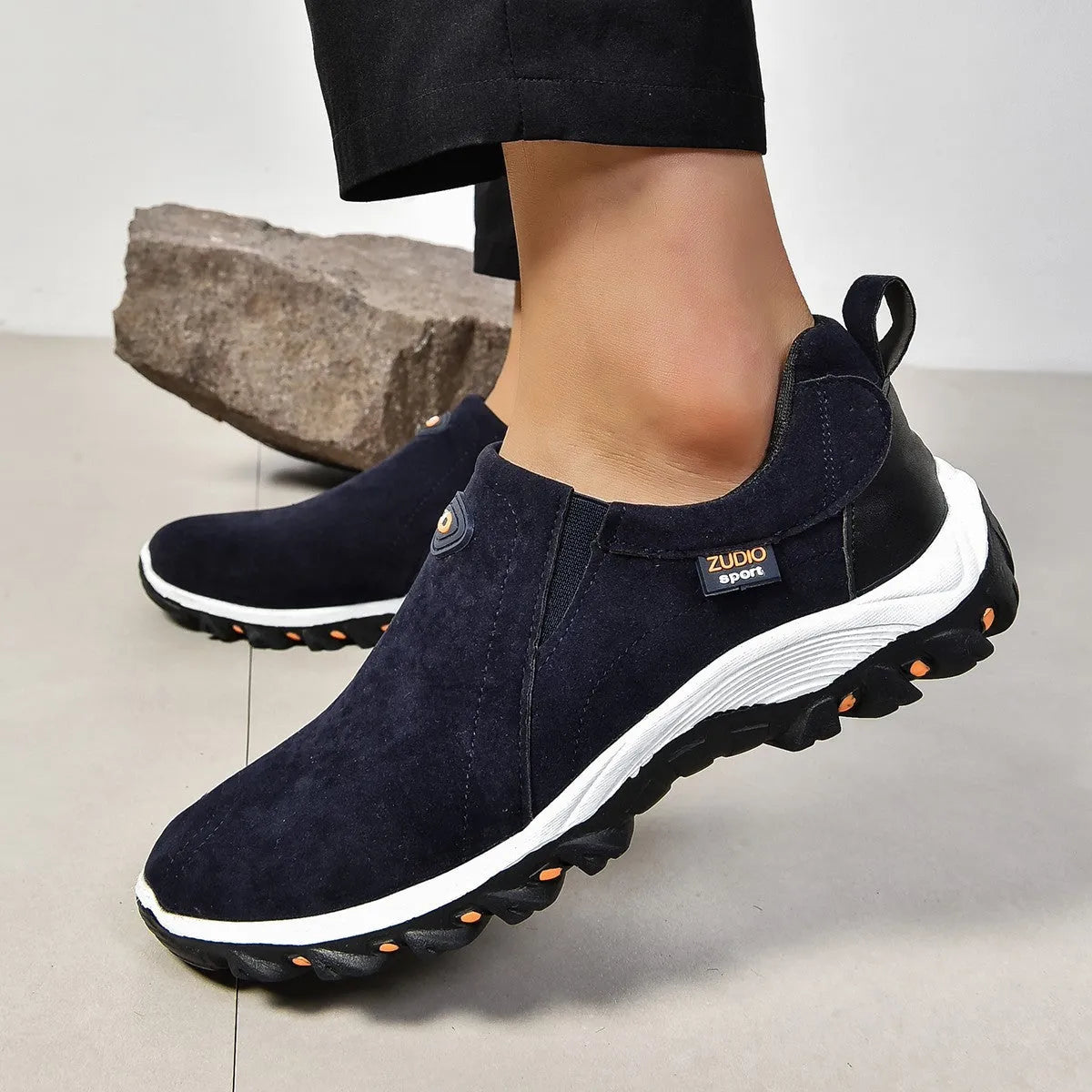 Men's round head thin slip-on casual shoes in grey, shown with PU upper and rubber sole.