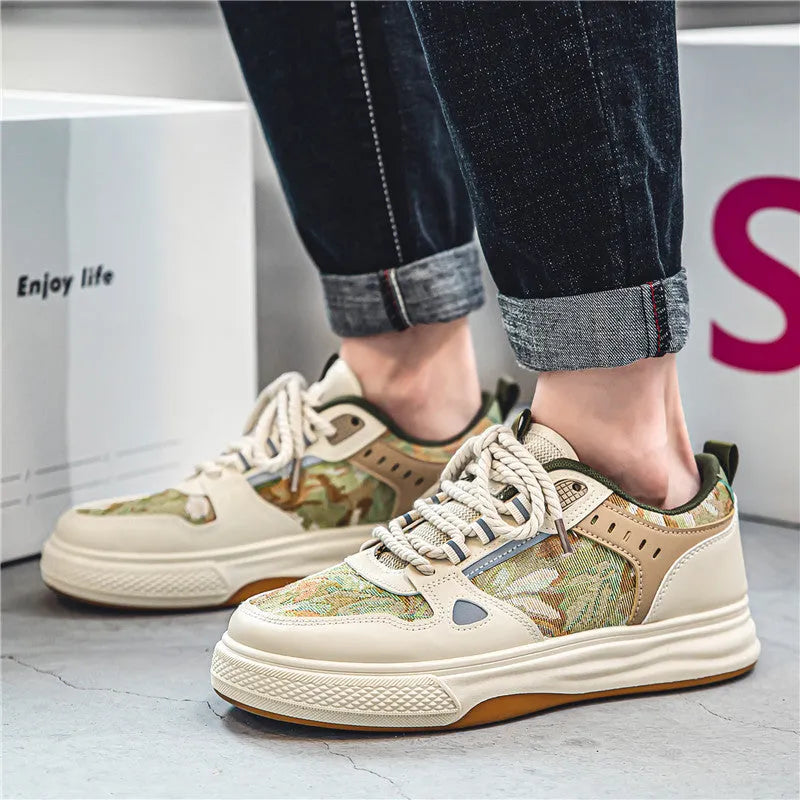A pair of beige and Milan green canvas casual shoes with round toes and flat heels on a white background.
