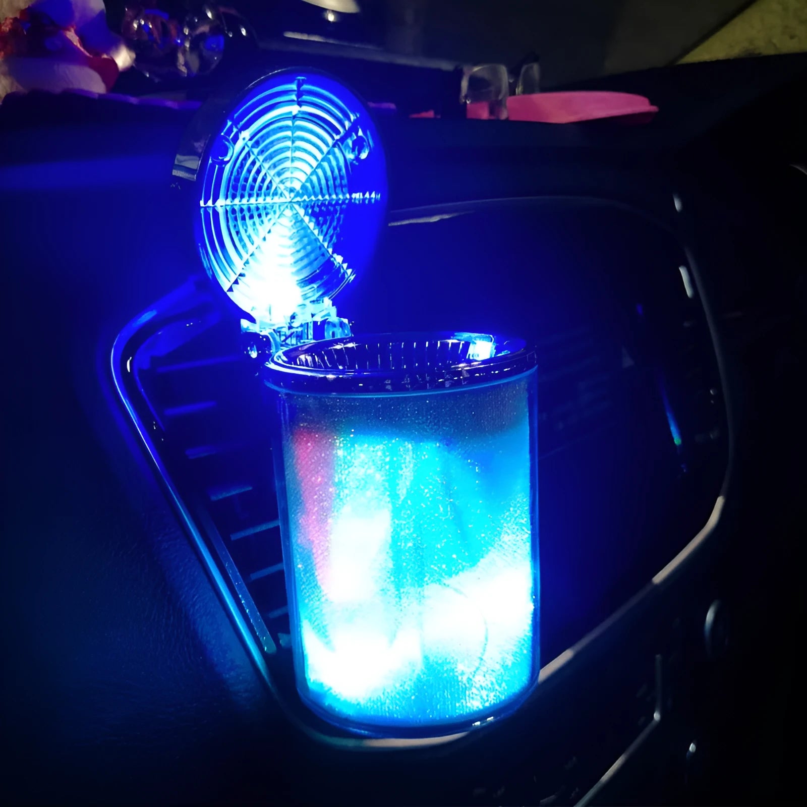 Silver ABS car ashtray with RGB LED lights, lid closed, compact 10x8x6cm