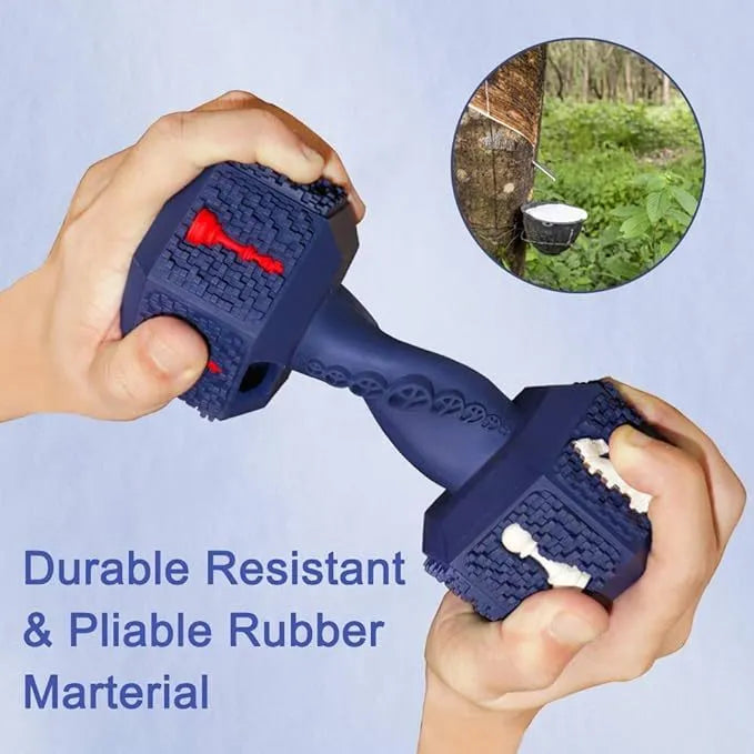 Blue hollow dumbbell-shaped dog chew toy with textured 3D surface particles.