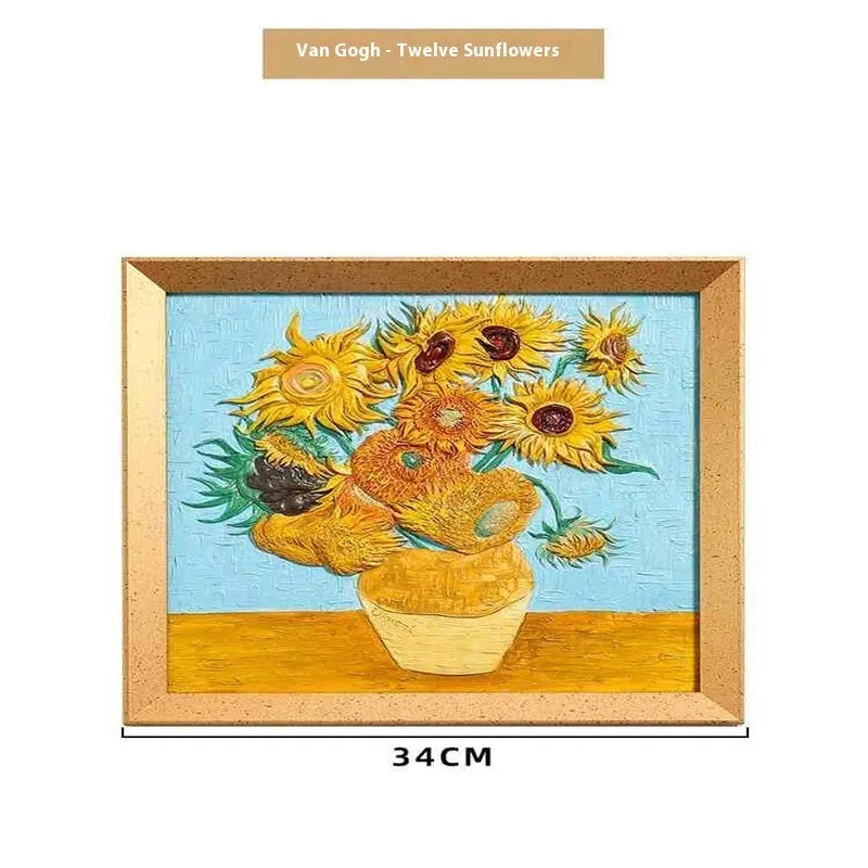 DIY oil painting kit showing Van Gogh's Starry Night reproduction on canvas with acrylic paints and wooden frame
