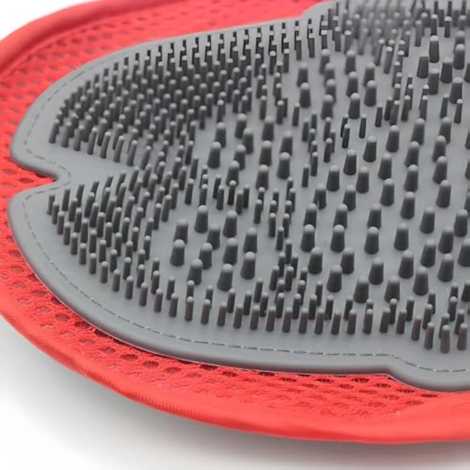Red pet bathing glove with integrated silicone brush bristles for grooming during bath time