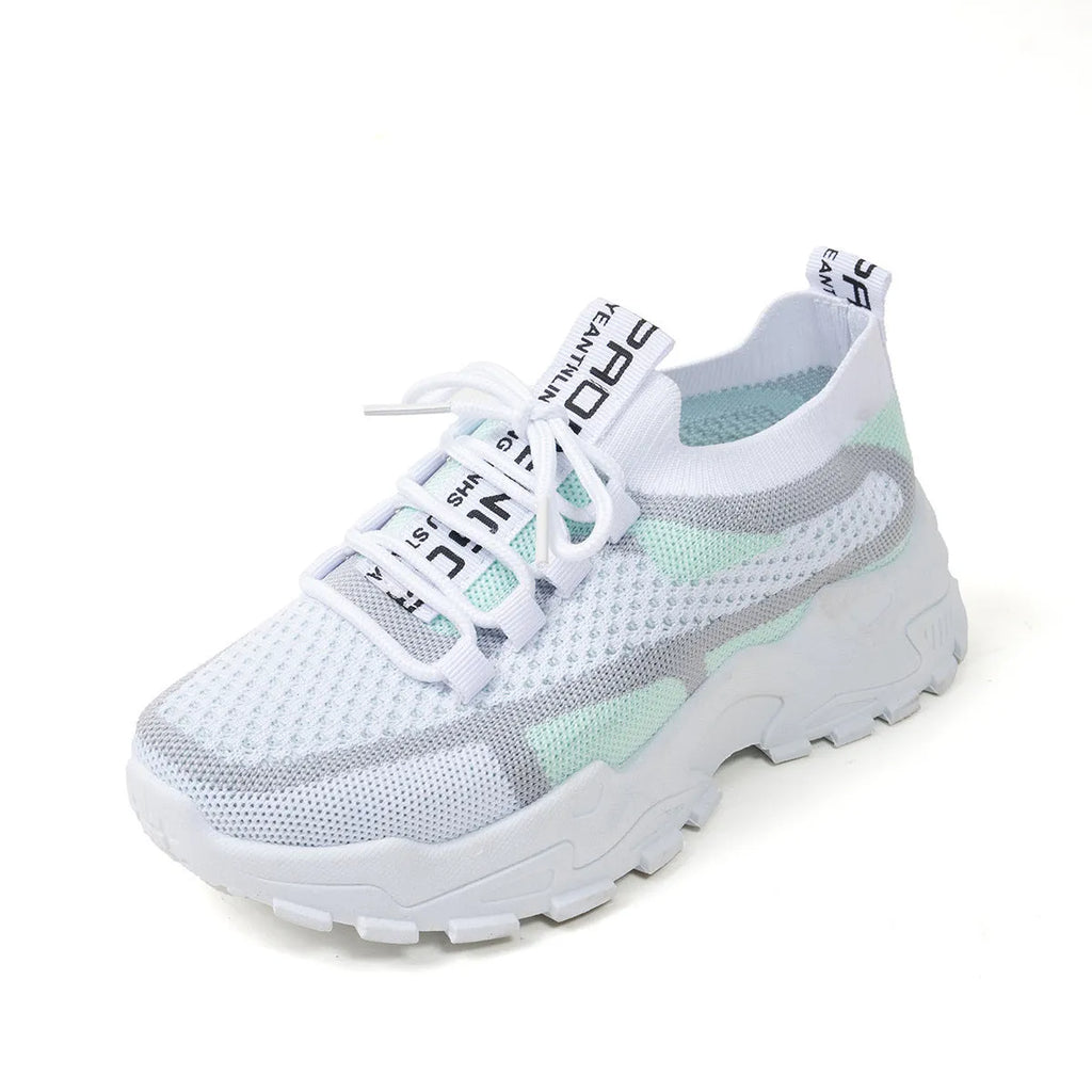 Women's Flyknit mesh lace-up sneakers in a selection of colours, showing round toe and flat rubber sole.
