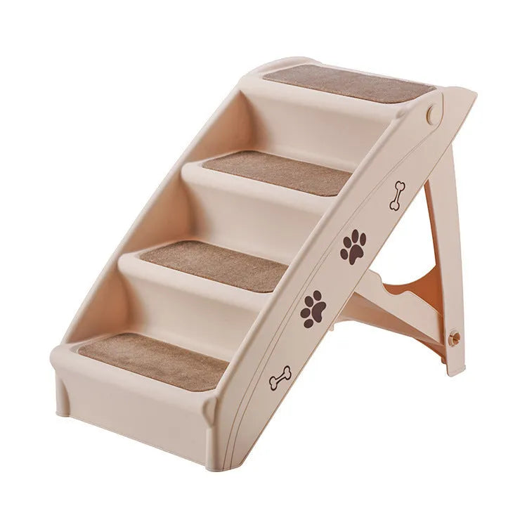 Foldable plastic pet step for small dogs and cats with non-slip mat, shown in beige colour