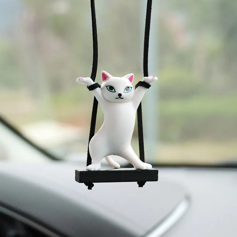 Cartoon-style resin cat pendant on a rope for car interior decoration