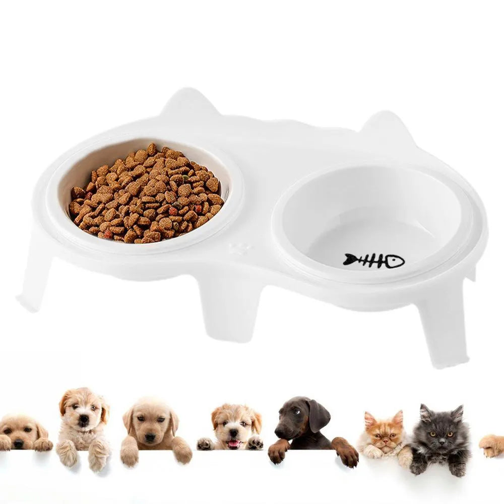 Ceramic cat food and water bowl set on tilted elevated stand in blue, pink, white or yellow colours