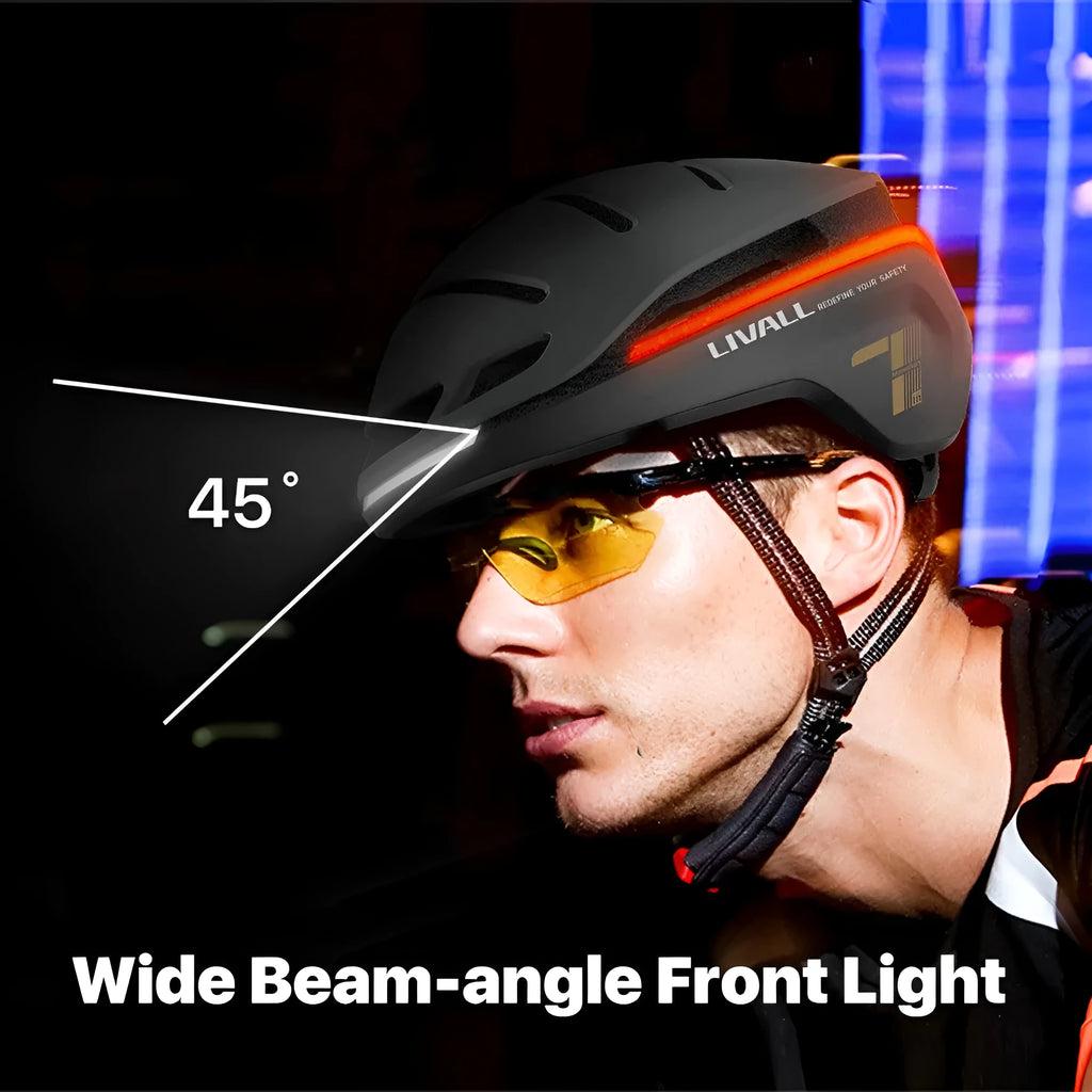 Smart bicycle night riding safety helmet with integrated LED lighting, matte black finish, EPS PC construction