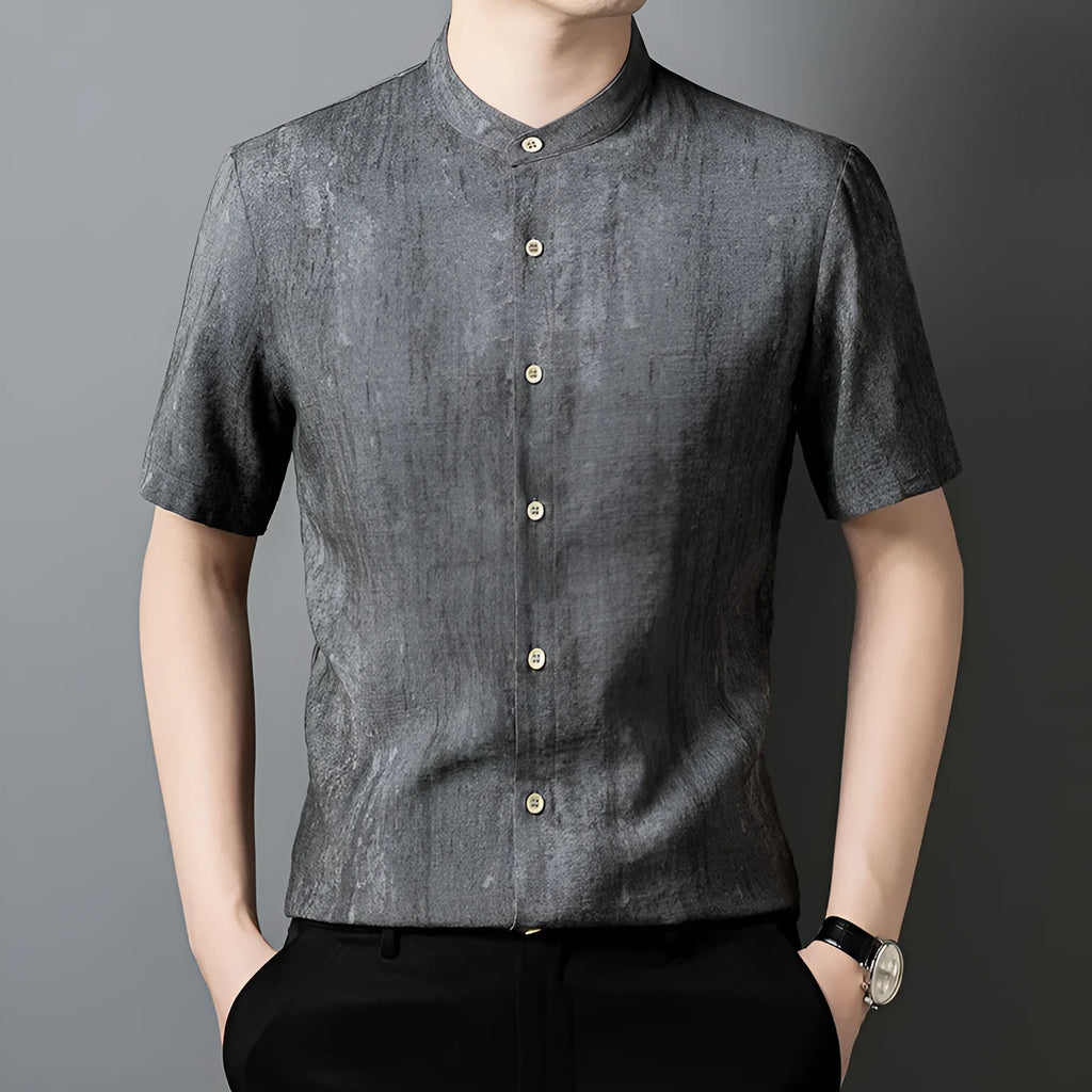 Men's loose fit linen blend shirt with stand collar in black grey colour