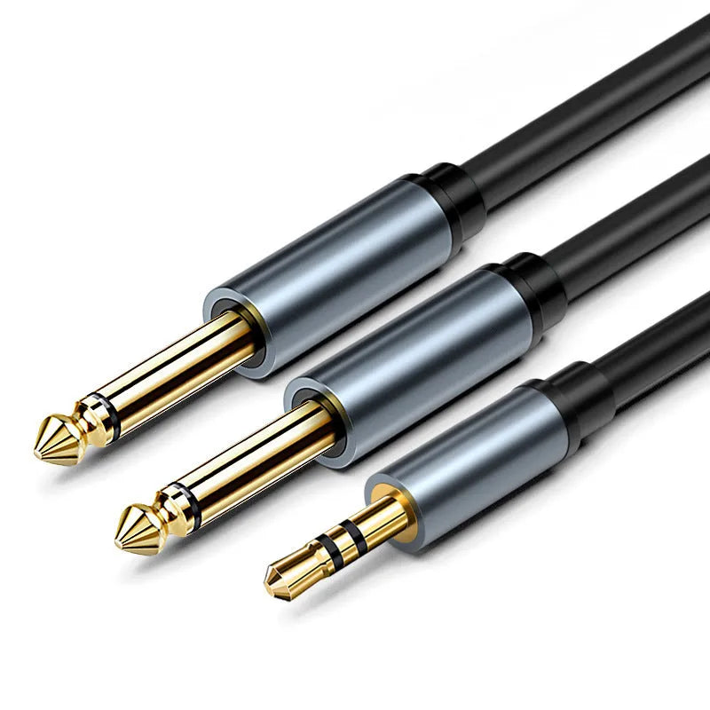 3.5mm to dual 6.5mm male audio cable in black with gold-plated connectors.