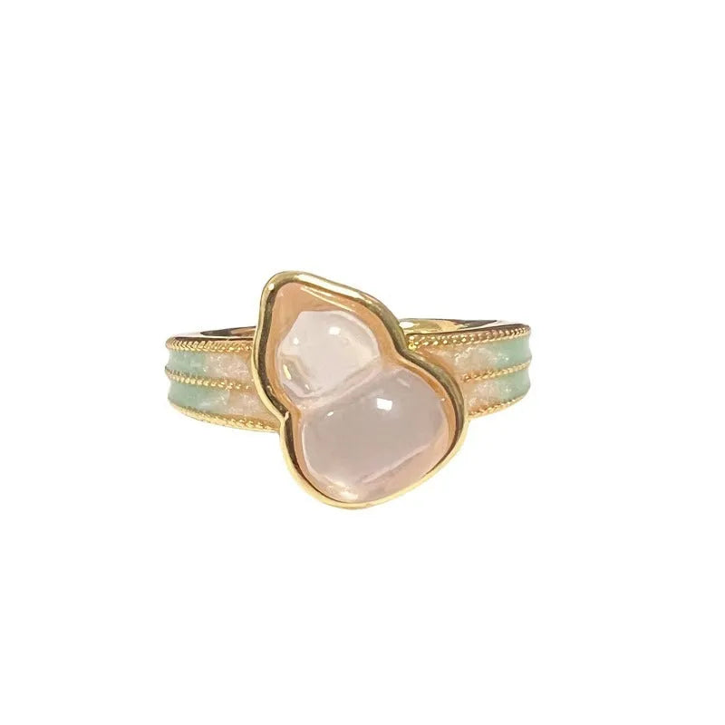 Adjustable copper women's ring with vintage oil drip finish, gourd shape, and inlaid zircon stones in floral and bow designs.