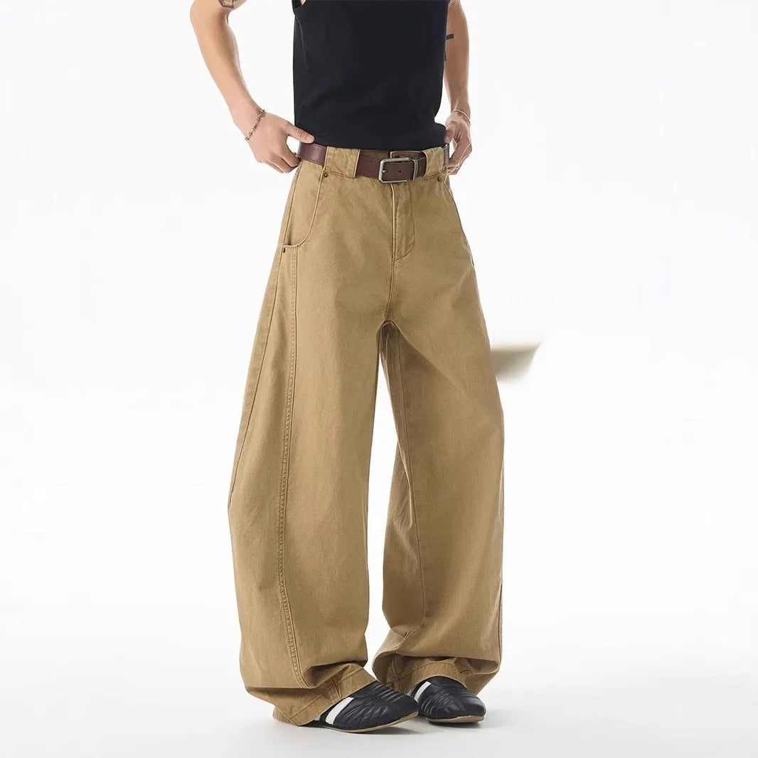 Brown men's casual jeans with loose fit straight leg design and button fly