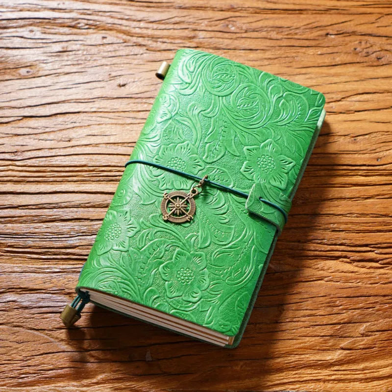 Creative vintage engraving cowhide travel notepad in black A5 size with genuine leather cover