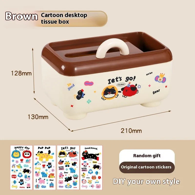 Red and brown cartoon sticker designs on a plastic desktop storage box with grid organiser compartments.