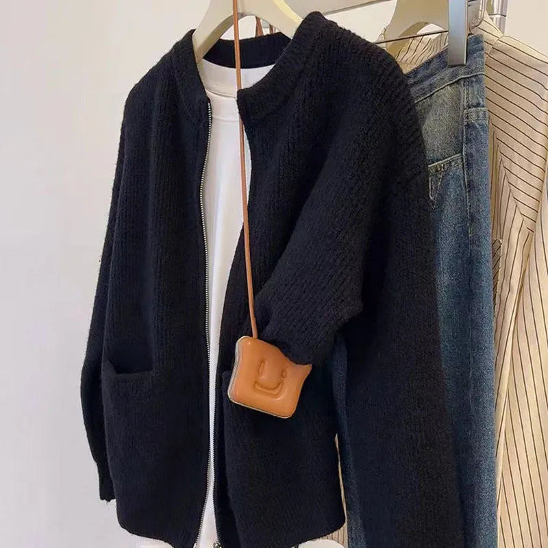 Soft viscose long sleeve cardigan coat in beige, grey, black, or khaki.