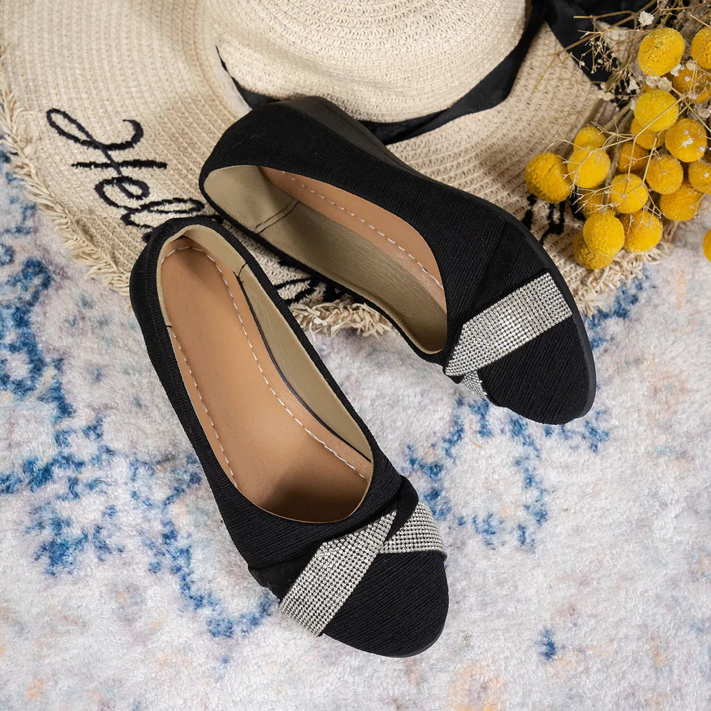 Black women's casual slip-on shoes with rhinestone decoration, round toe, and chunky heel