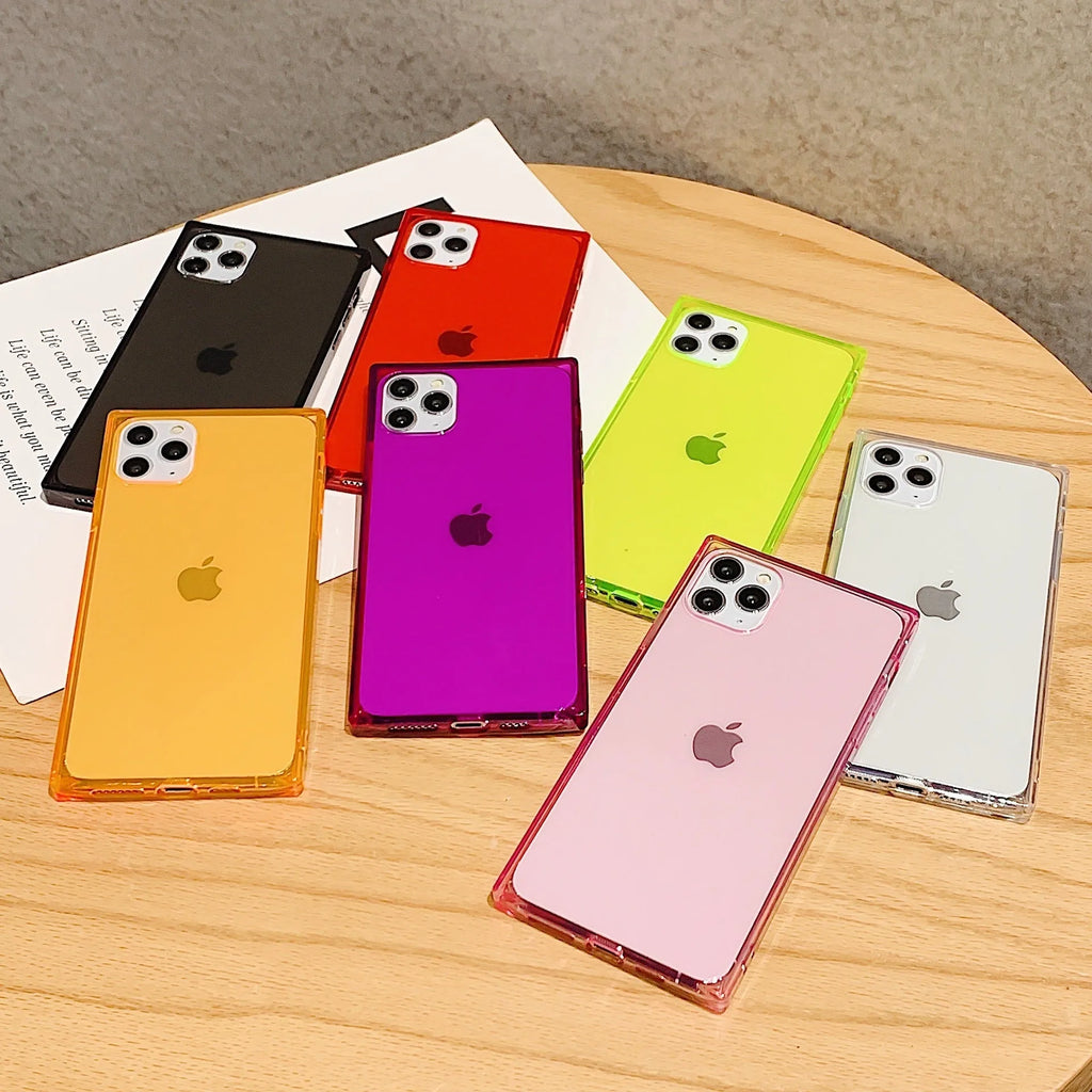 Square transparent TPU phone case for iPhone, anti-fall cover, available in black, transparent, red, pink, purple, green, orange