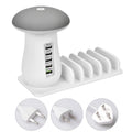 White mushroom-shaped LED charging dock station with 5 USB ports for phones and tablets.