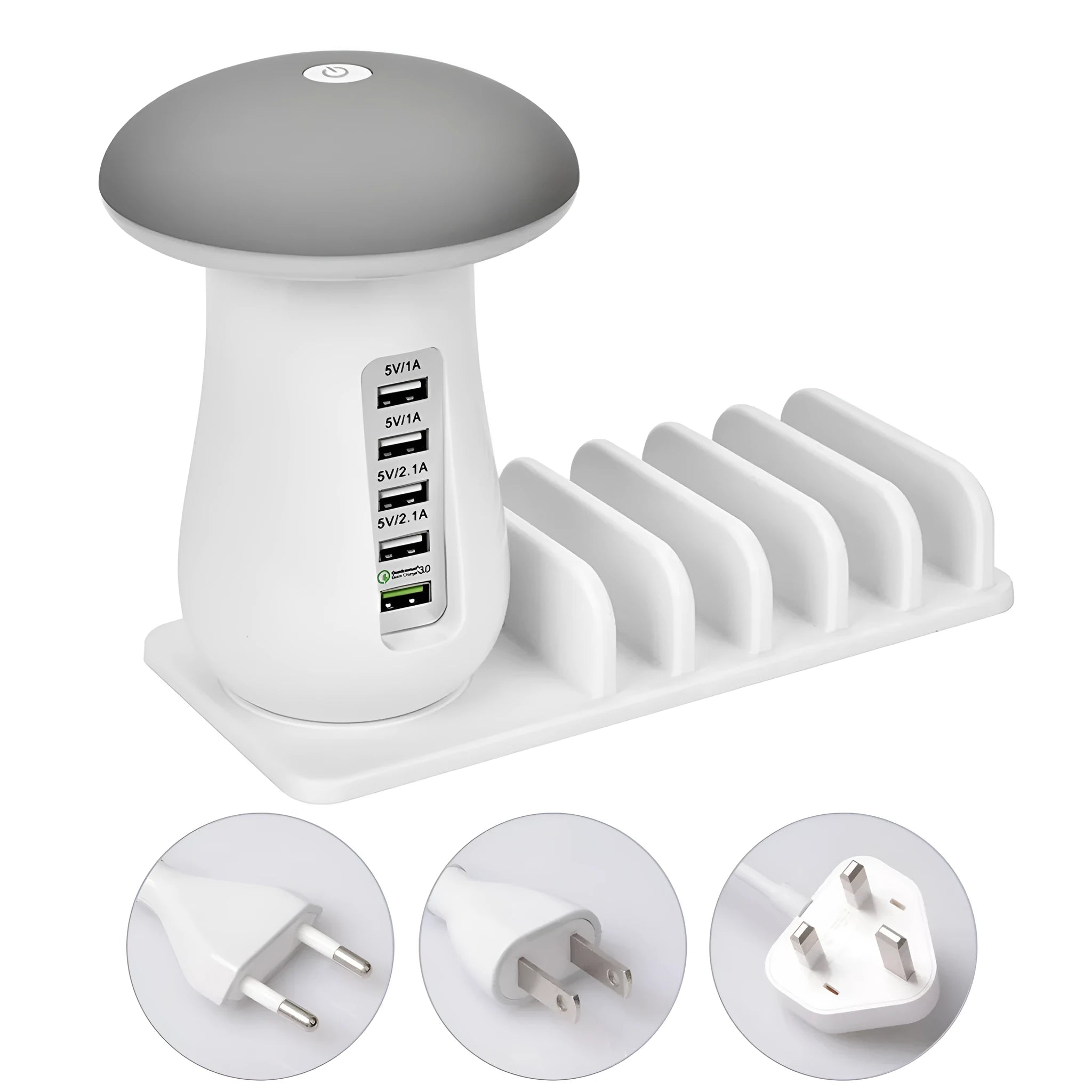 White mushroom-shaped LED charging dock station with 5 USB ports for phones and tablets.