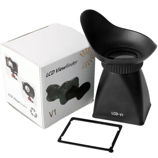 Black camera LCD viewfinder with magnetic mount for DSLR video shooting.