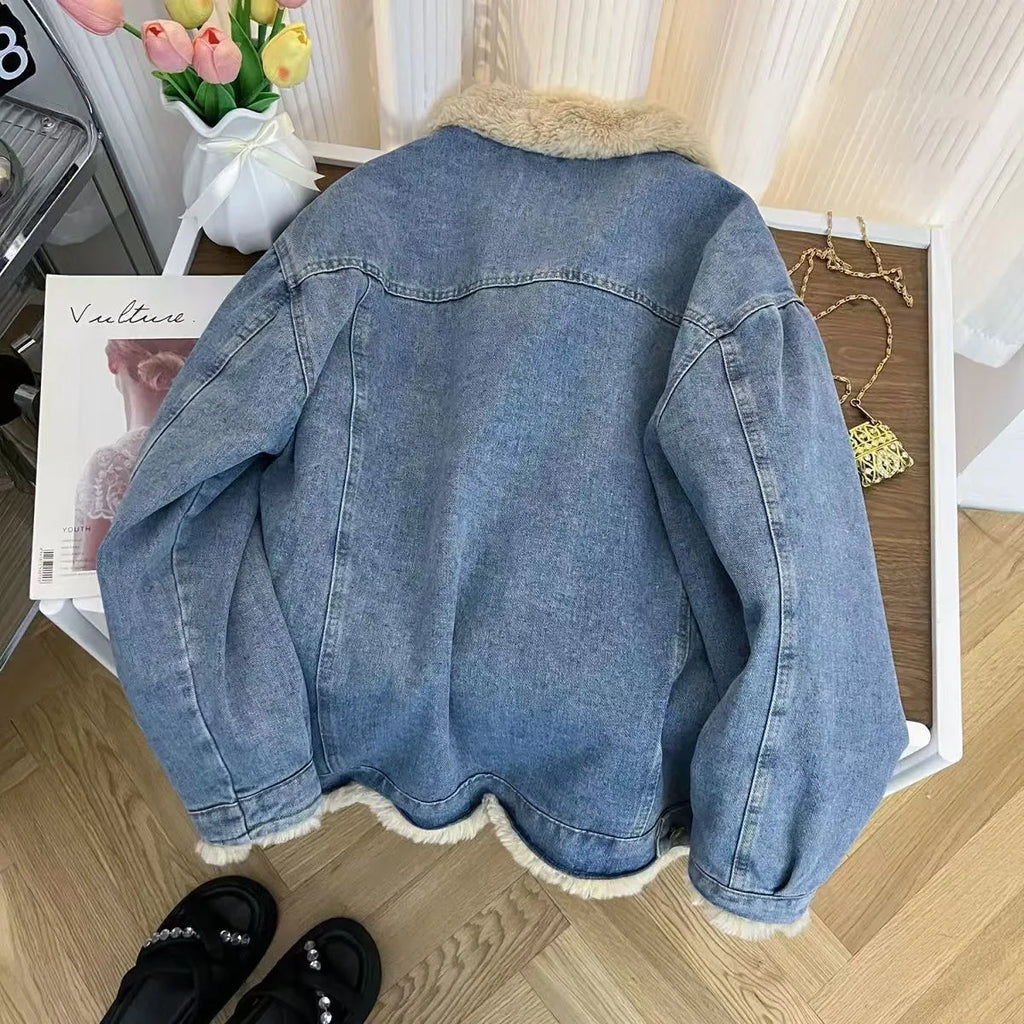 Blue premium faux lamb wool denim jacket for men with cotton denim outer and long sleeves