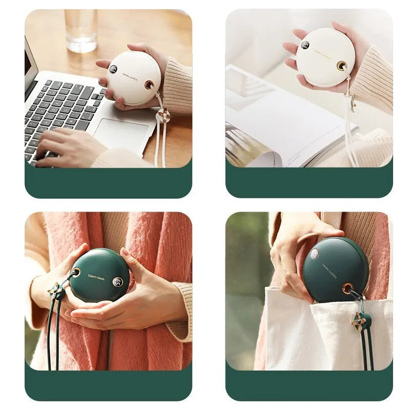 Green portable power bank with digital display and integrated hand warmer heater for phone charging
