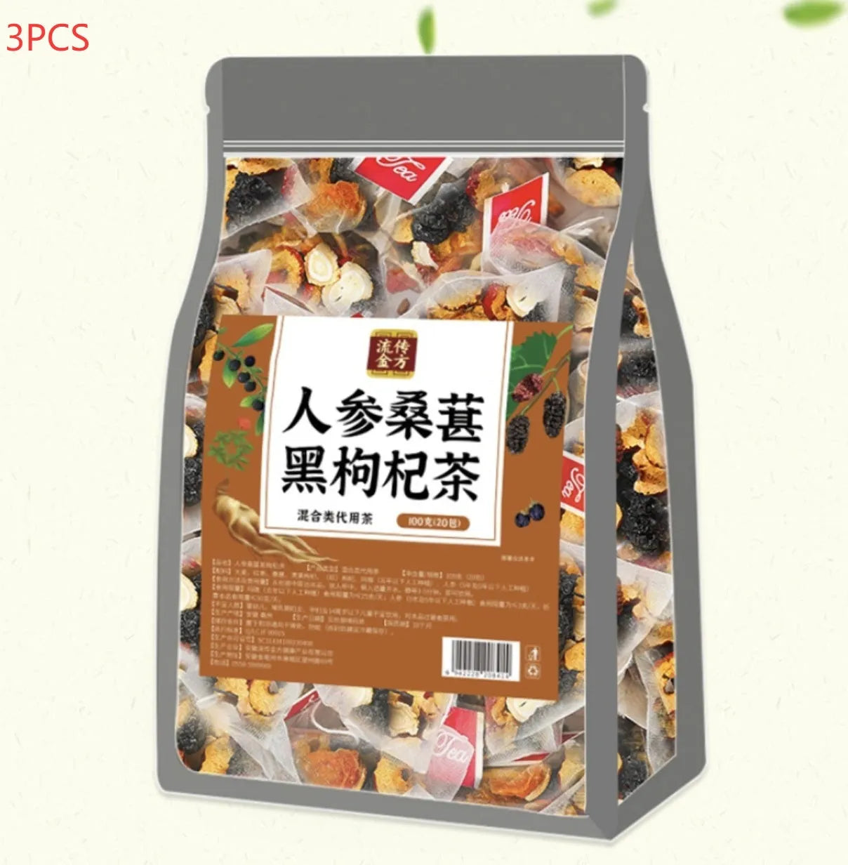 A bag of ginseng and black wolfberry tea containing 40 individual 5g sachets.