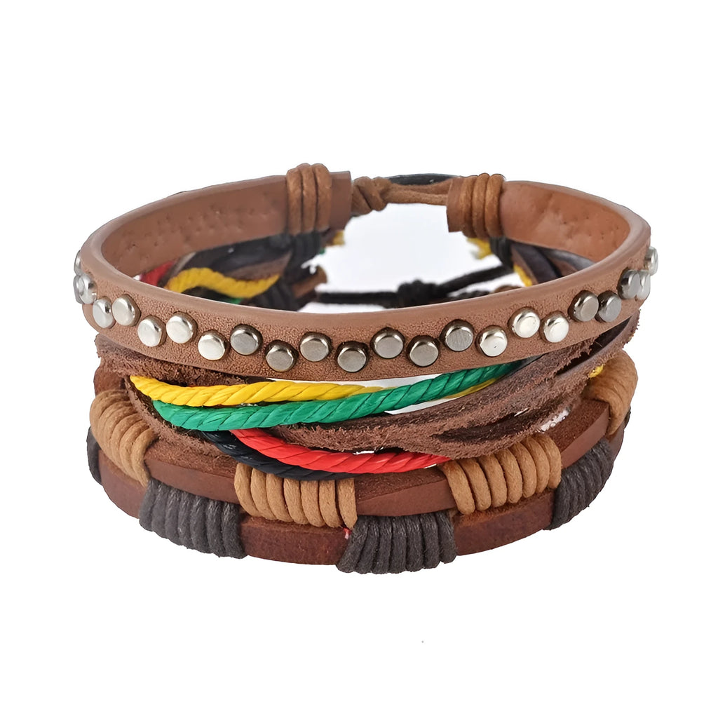Handmade adjustable leather bracelet with wooden beads and multi-layer wrap design
