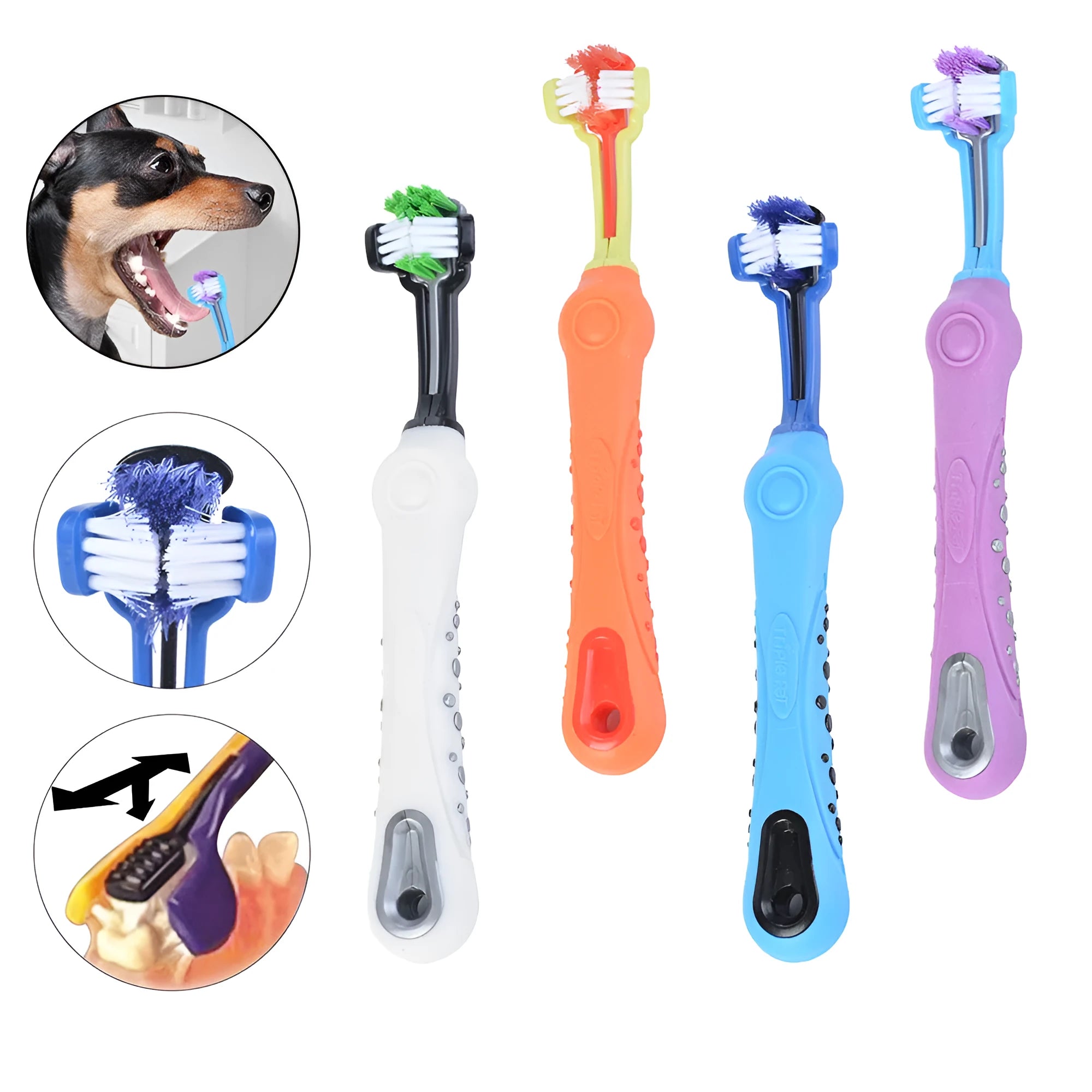 Three-sided pet toothbrush with PP TPR handle and nylon bristles in green colour on white background