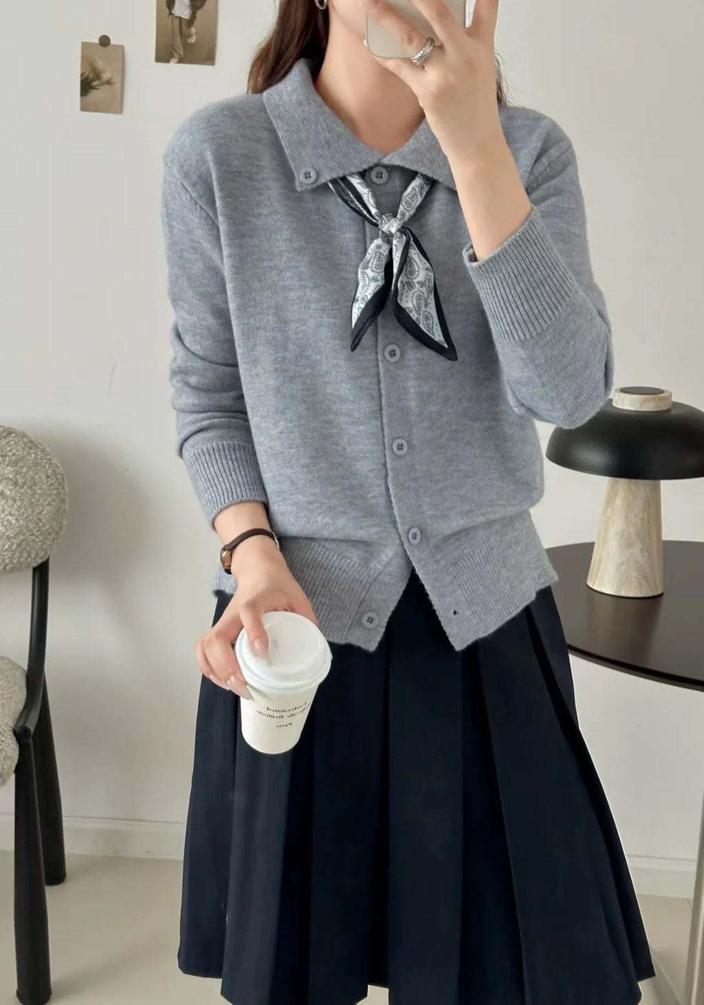 Women's beige cardigan sweater with an attached lapel scarf collar, long sleeves