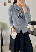 Women's beige cardigan sweater with an attached lapel scarf collar, long sleeves